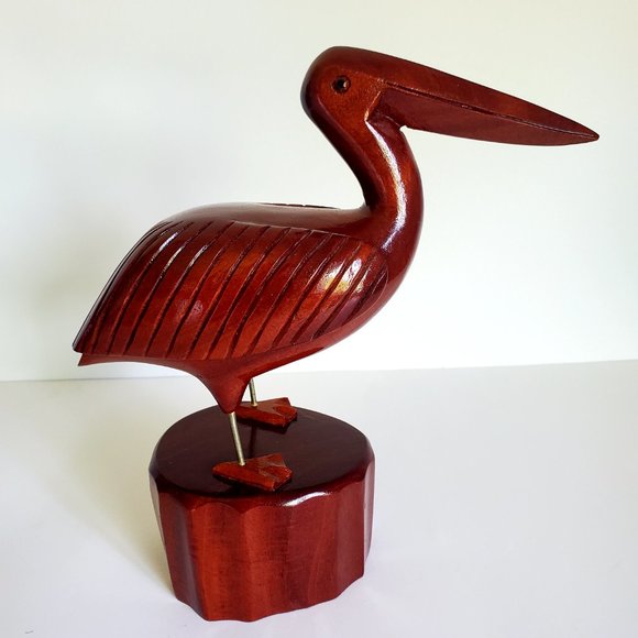 HAND CARVED Wood Heron Bird On A Tree Stump Detailed Sculpture Lakehouse Decor - Picture 8 of 11
